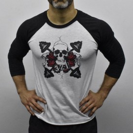 321 APPAREL - Tee-shirt de Baseball Unisex Blanc chiné manches noires  motif Rose & Skull
